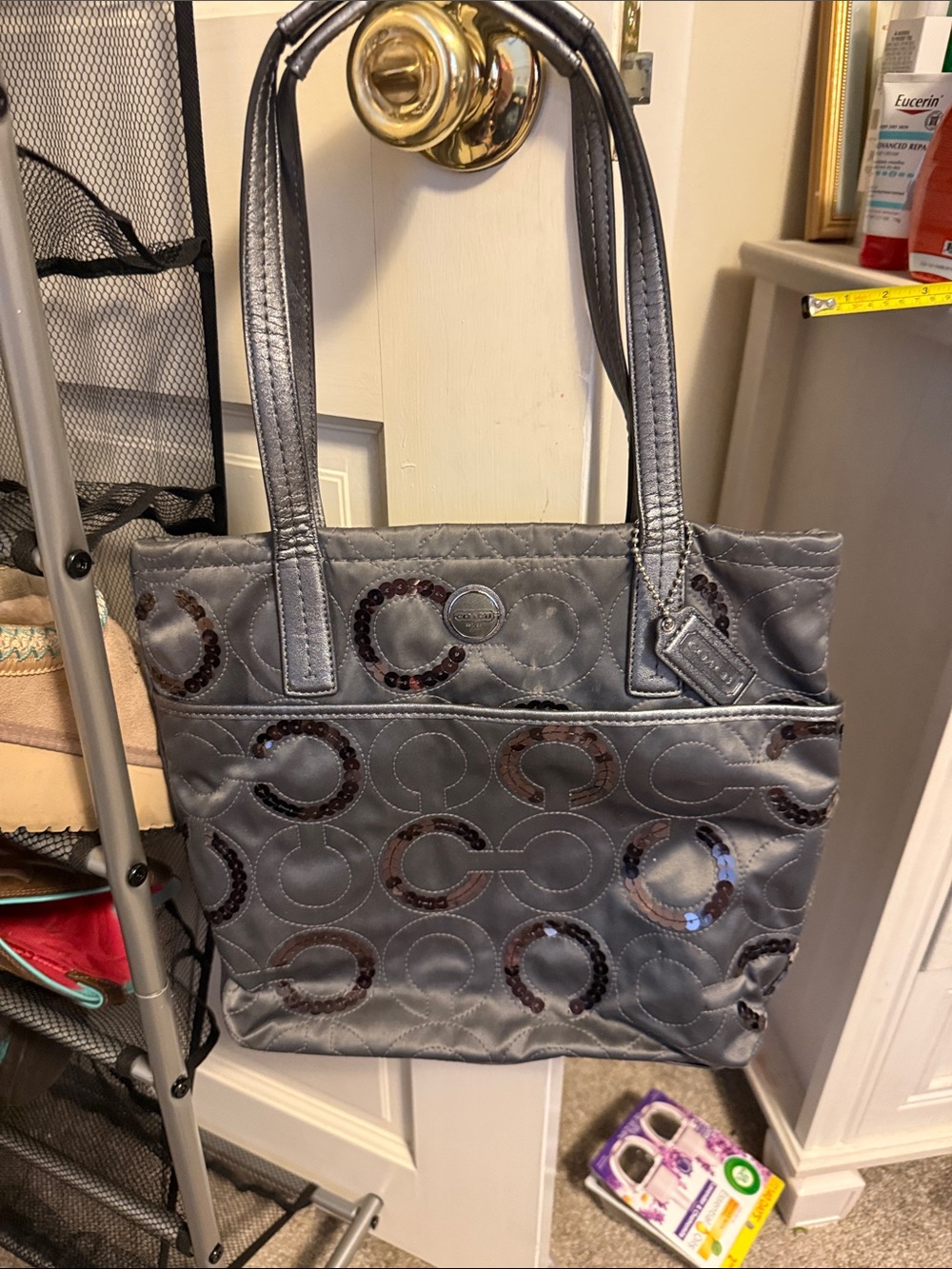 Coach Gray Quilted Tote with Sequin C Motif